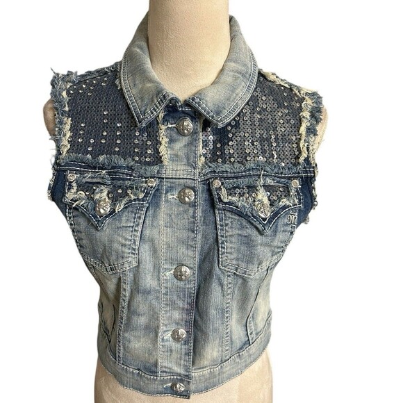 Miss Me Jackets & Blazers - Miss Me Jean Denim Vest Rhinestone Sequin Cropped Frayed Seams Blue Western  M
